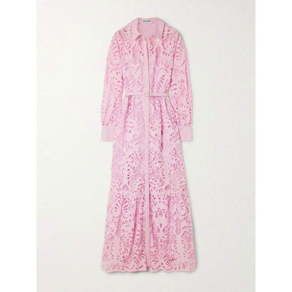 Self-Portrait Pink Cotton Lace Belted Maxi Dress NWT Size 2